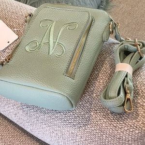 “N” monogrammed faux leather pale green crossbody, NWT